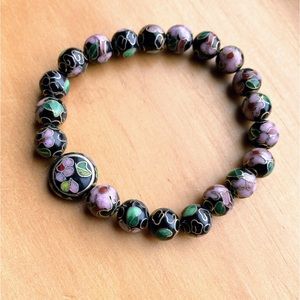 Vintage Asian Cloisonné Enamel Floral Black Pink Beads Bracelet
